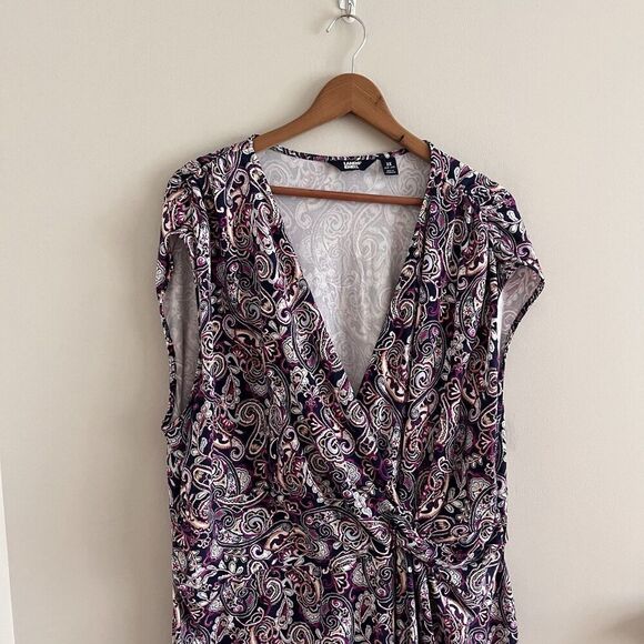 Lands End Faux Wrap Paisley Stretch Dress 3X Purple Plus Size V Neck Classic - Picture 8 of 12